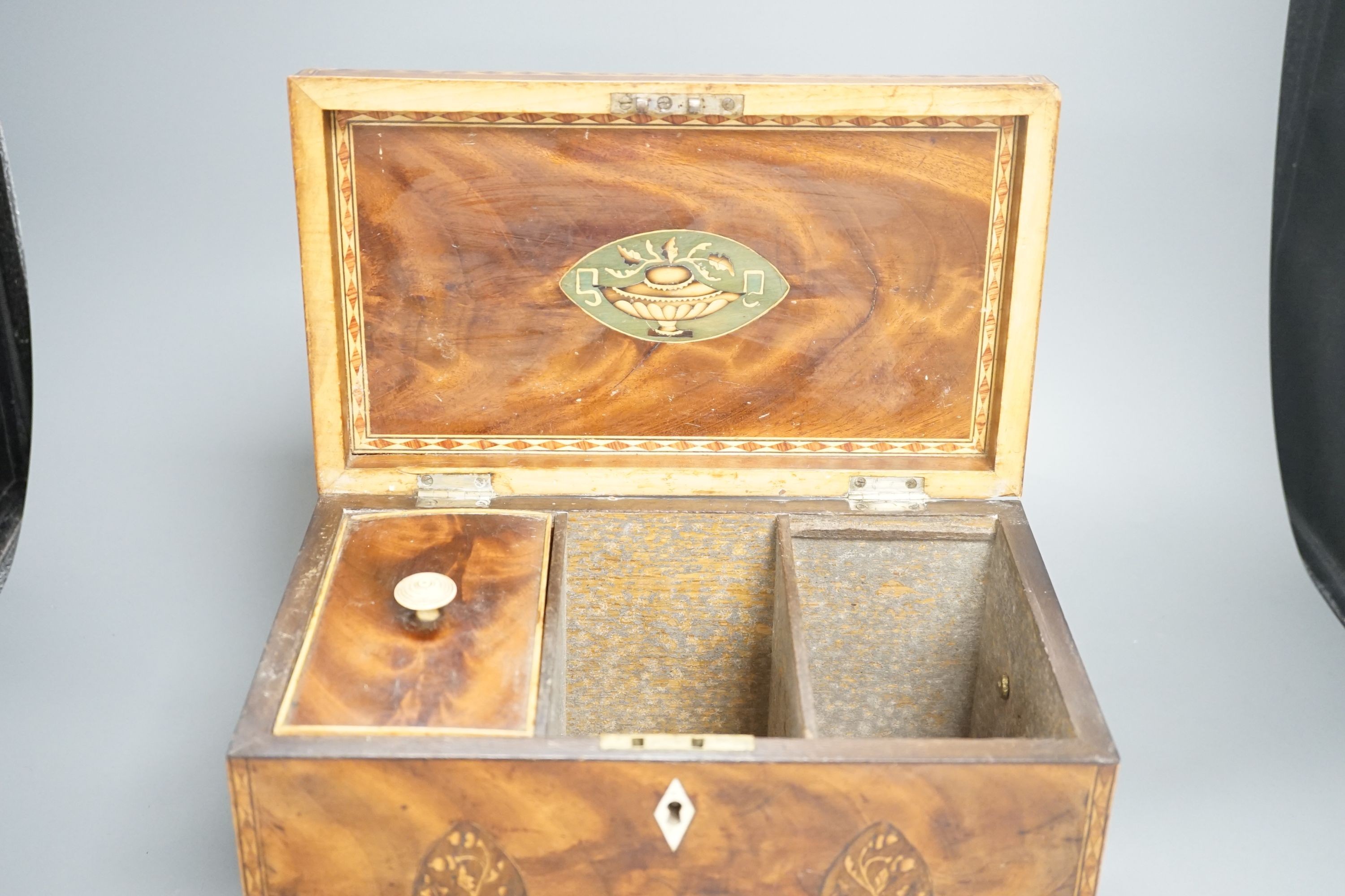 A late George III mahogany and marquetry tea caddy, 31cm foot to foot